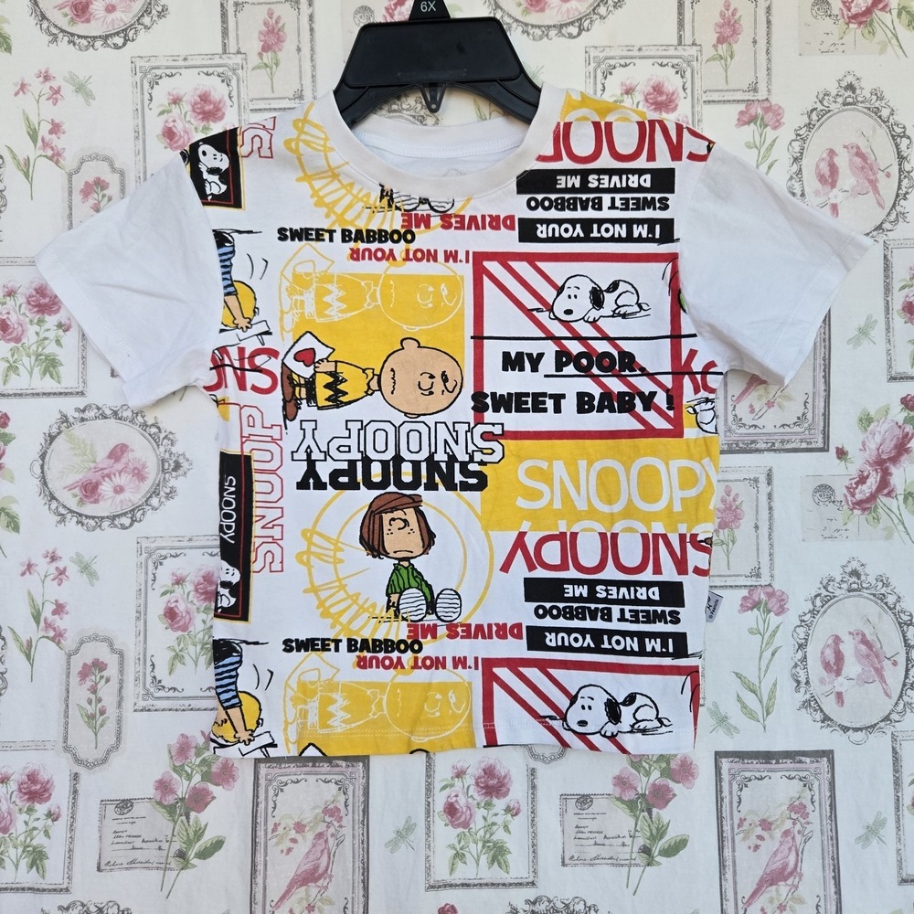 Peanuts Snoopy All Over‎ Print Comic T-Shirt White 100% Cotton Kids Size 6-7